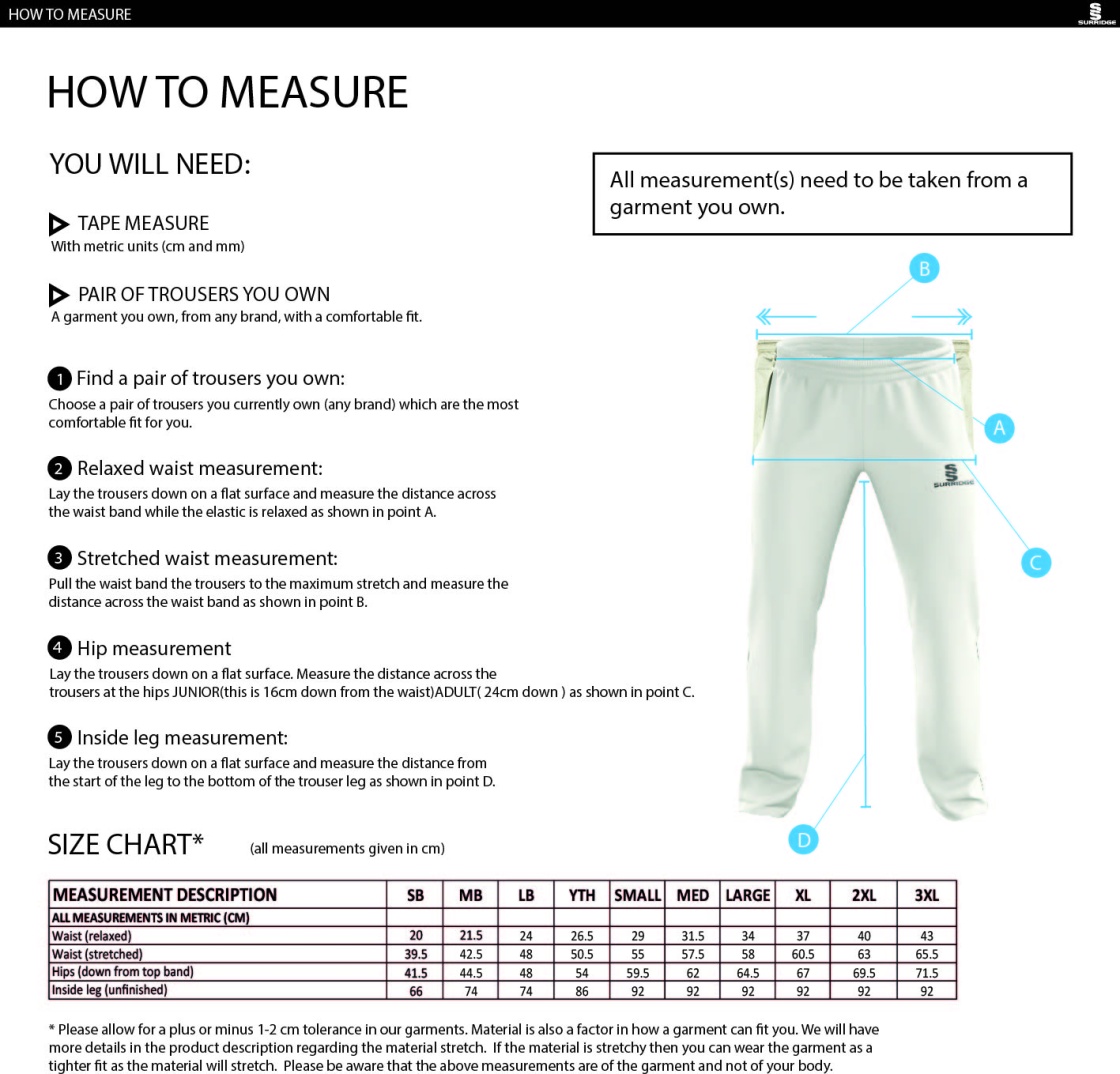 HADFIELD CC Standard Playing Pant - Size Guide