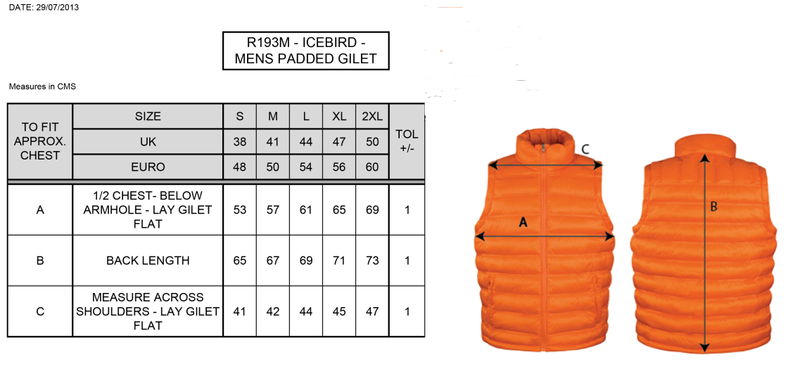 HADFIELD CC Padded Gilet : Navy - Size Guide