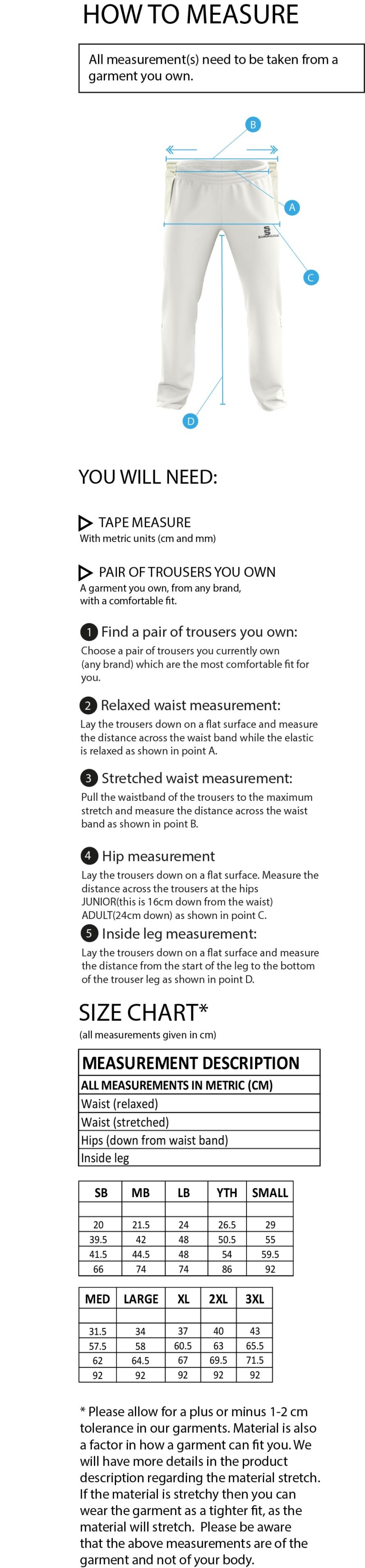 HADFIELD CC Standard Playing Pant - Size Guide