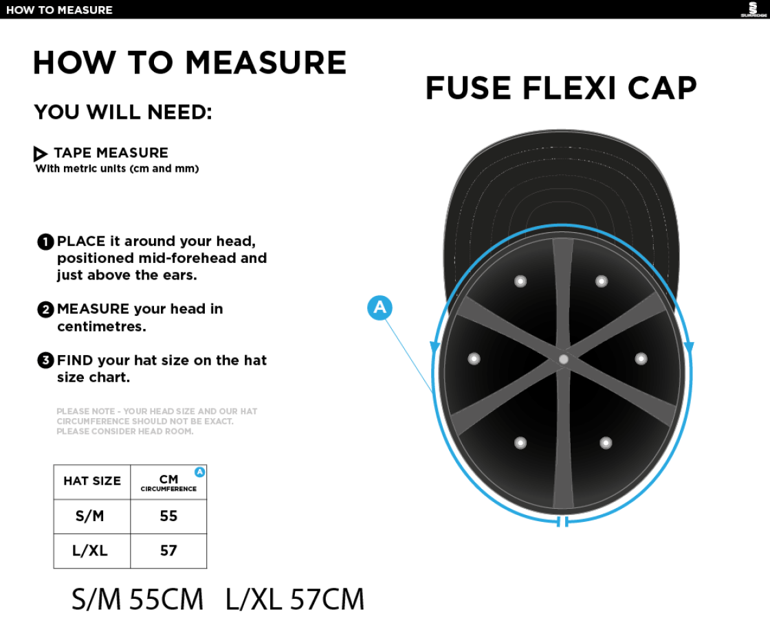 HADFIELD CC Fuse Flexi Cap - Navy - Size Guide