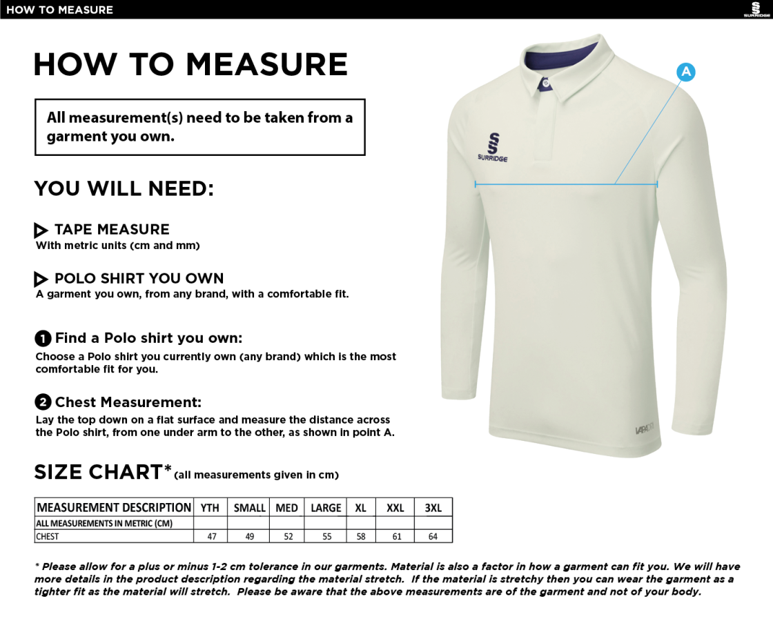 FUSE LONG SLEEVE CRICKET SHIRT - Juniors - Size Guide