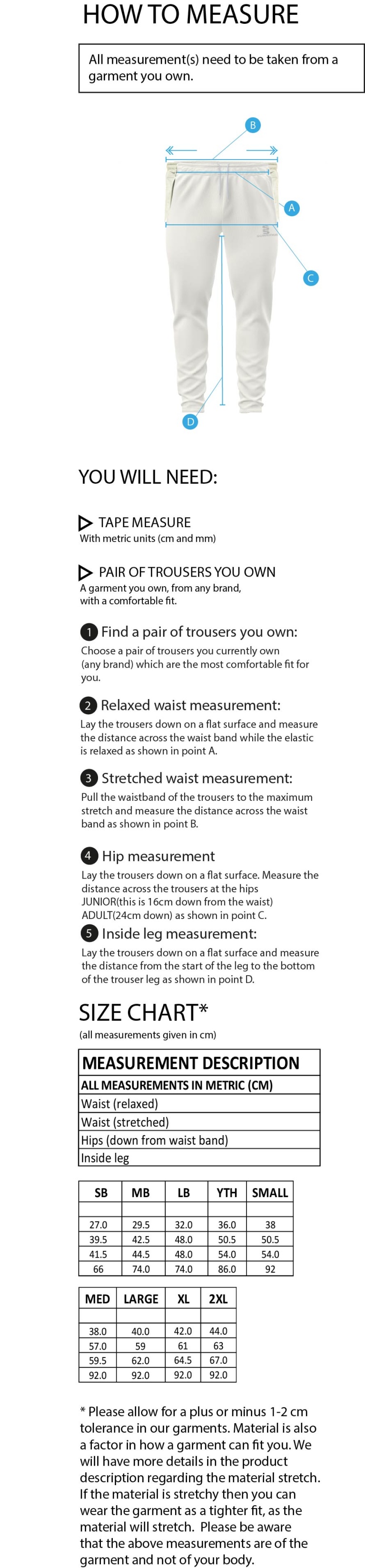 HADFIELD CC Ergo Playing Pant - Size Guide